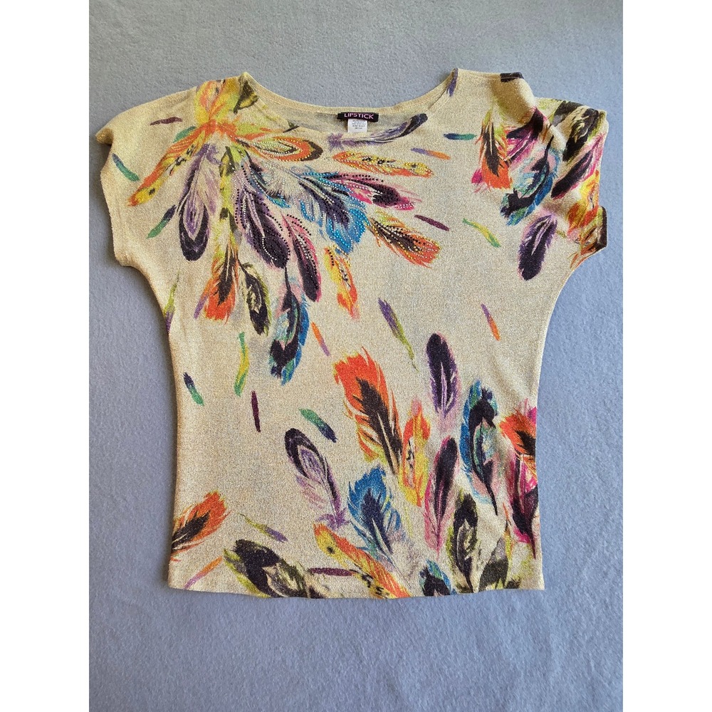 Lipstick Knit Top Women‎ Large Gold Metallic Feather Rhinestone Short Sleeve USA